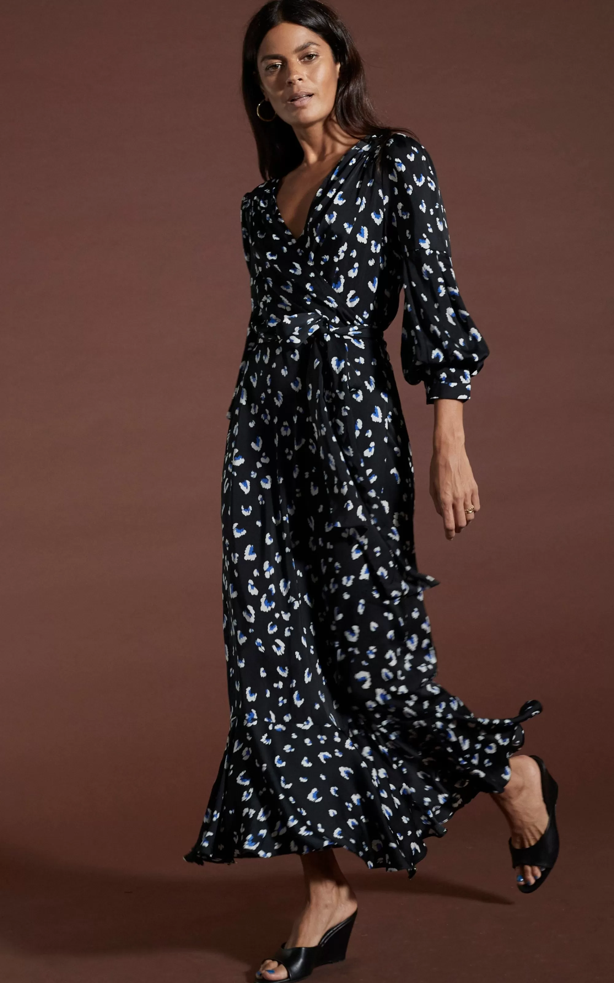 Dresses>Dancing Leopard Havannah Maxi Wrap Dress In Abstract White On Black Leopard