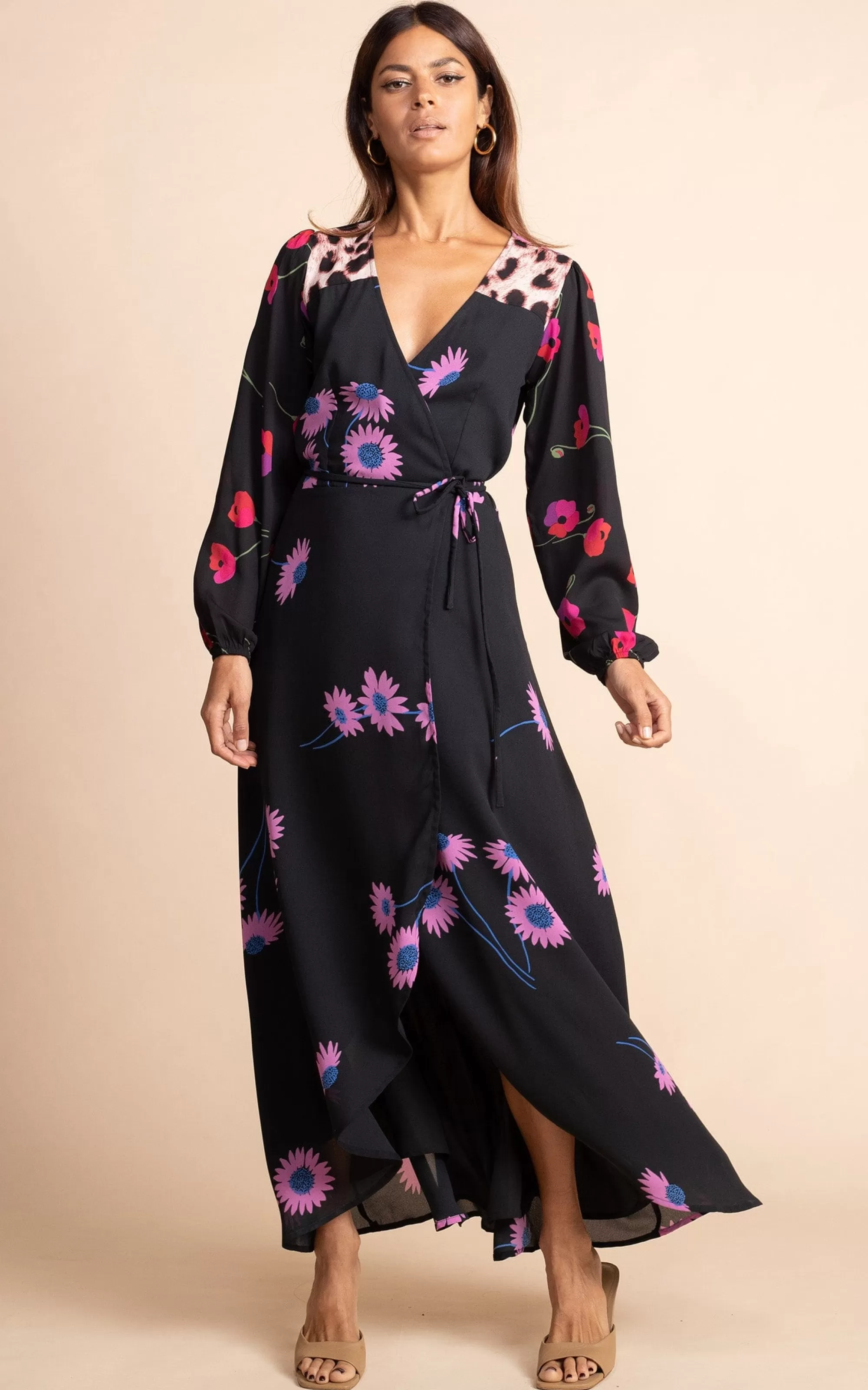Dresses>Dancing Leopard Jagger Maxi Wrap Dress In Pink Daisy On Black Mix