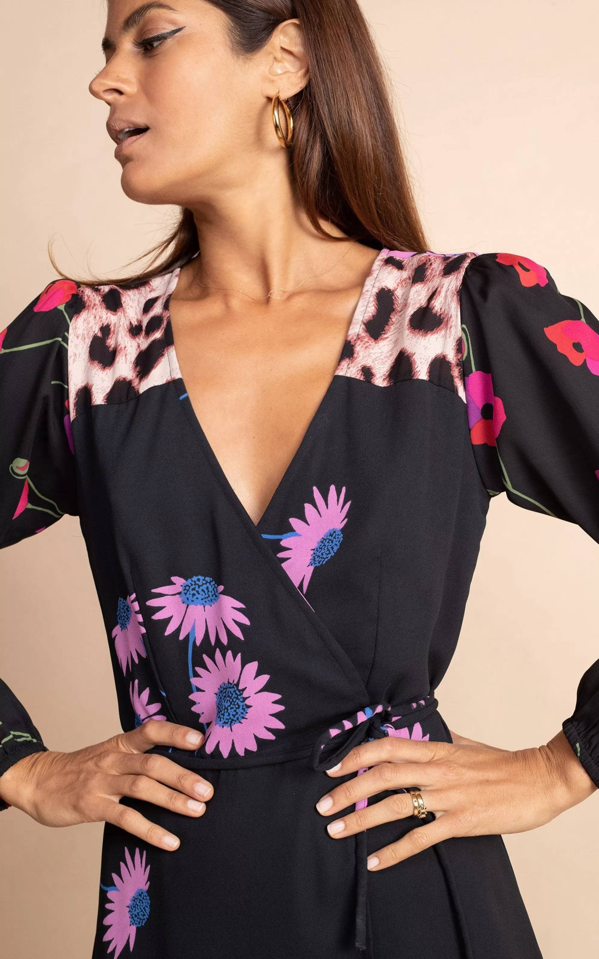 Dresses>Dancing Leopard Jagger Maxi Wrap Dress In Pink Daisy On Black Mix