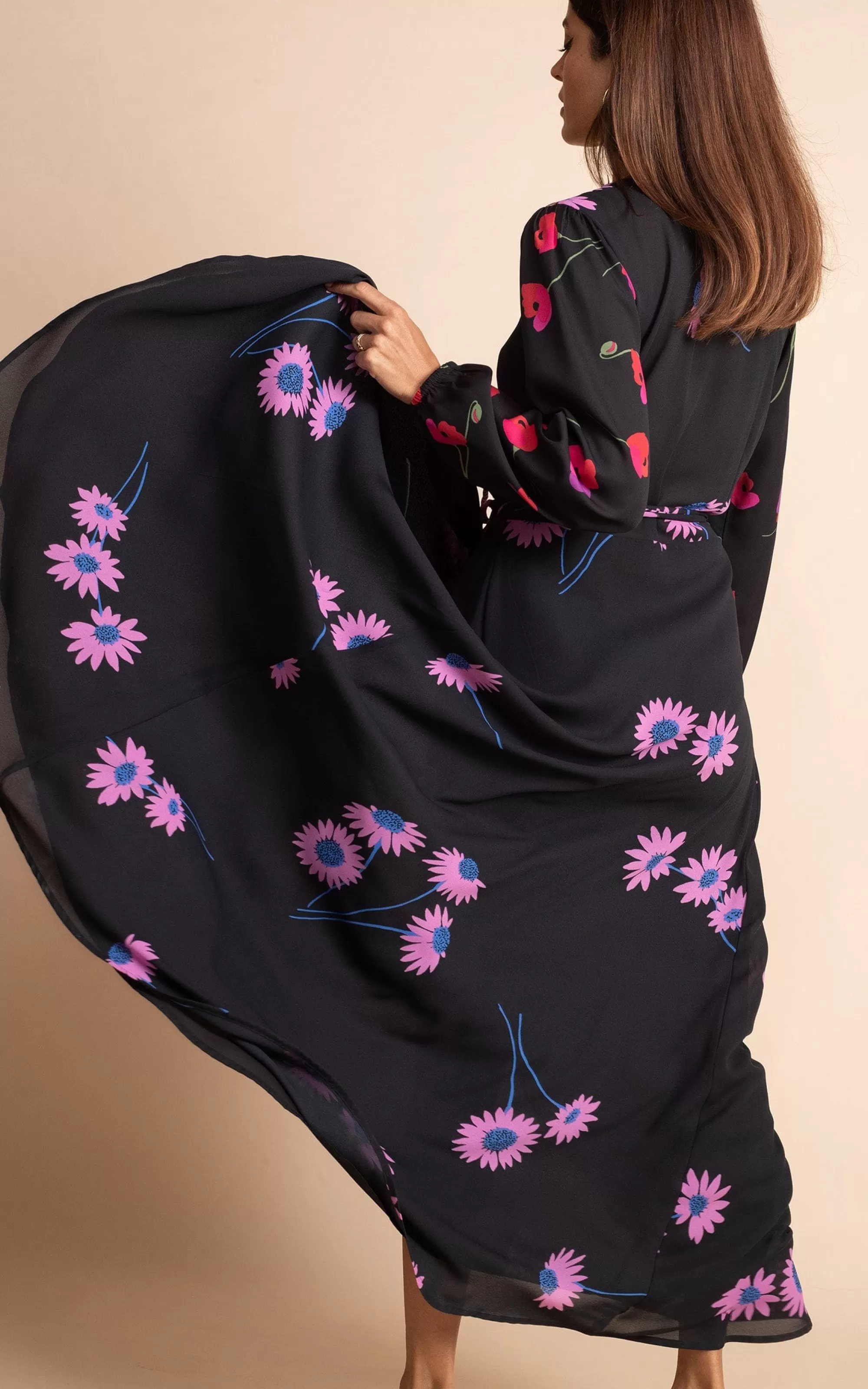 Dresses>Dancing Leopard Jagger Maxi Wrap Dress In Pink Daisy On Black Mix
