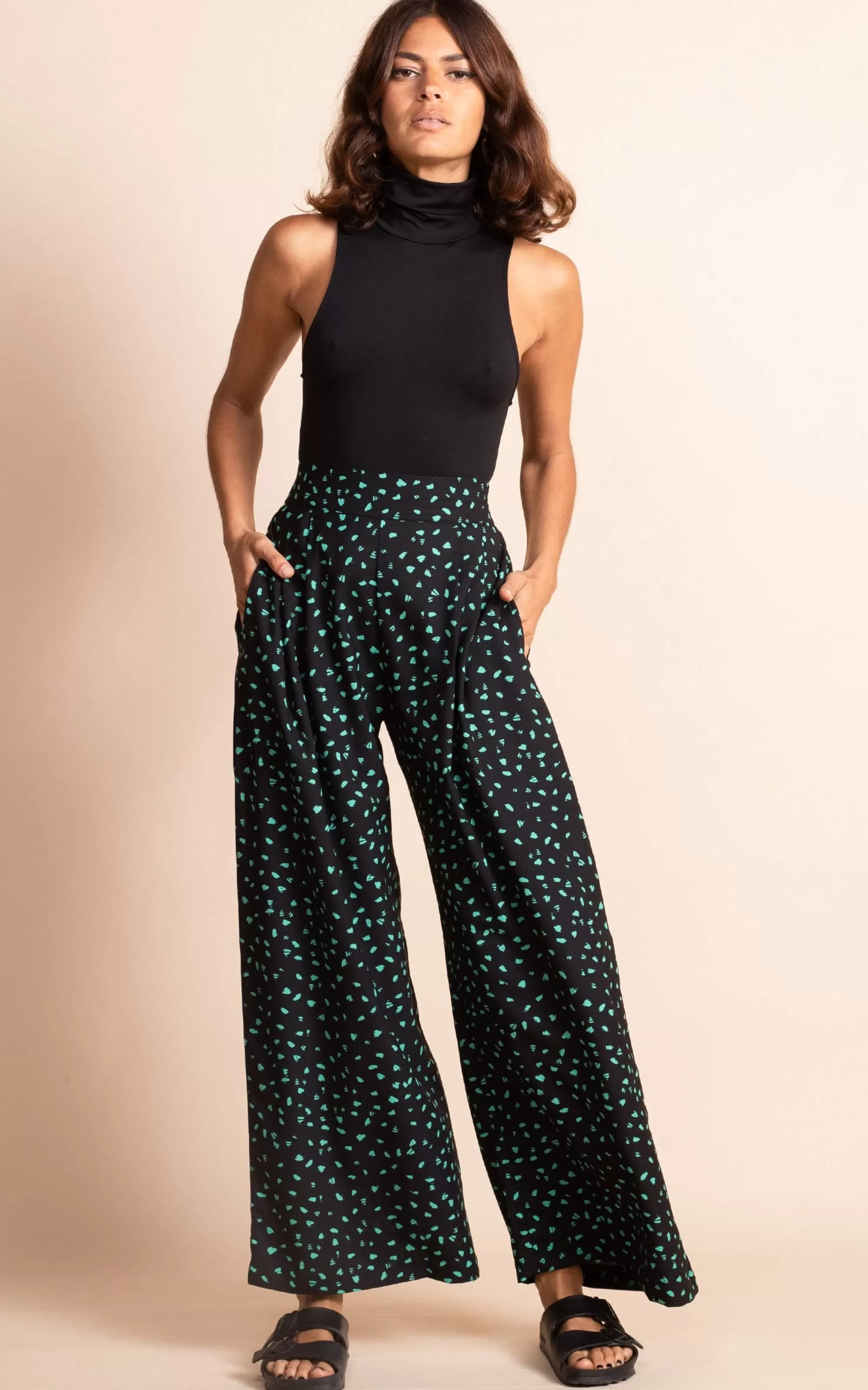 Trousers>Dancing Leopard Joey Palazzo Trousers In Abstract Green On Black