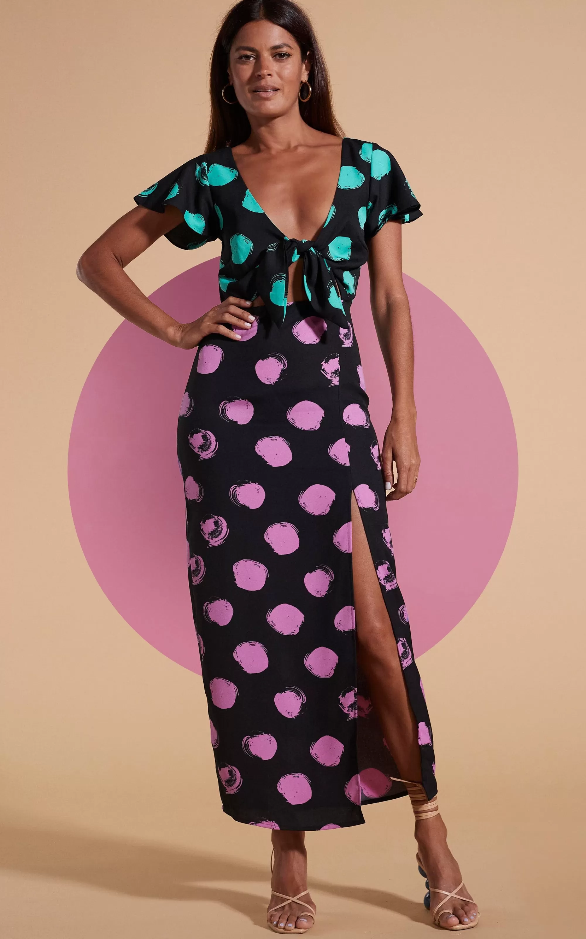 Dresses>Dancing Leopard Lily Dress In Green On Black Dot & Pink On Black Dot