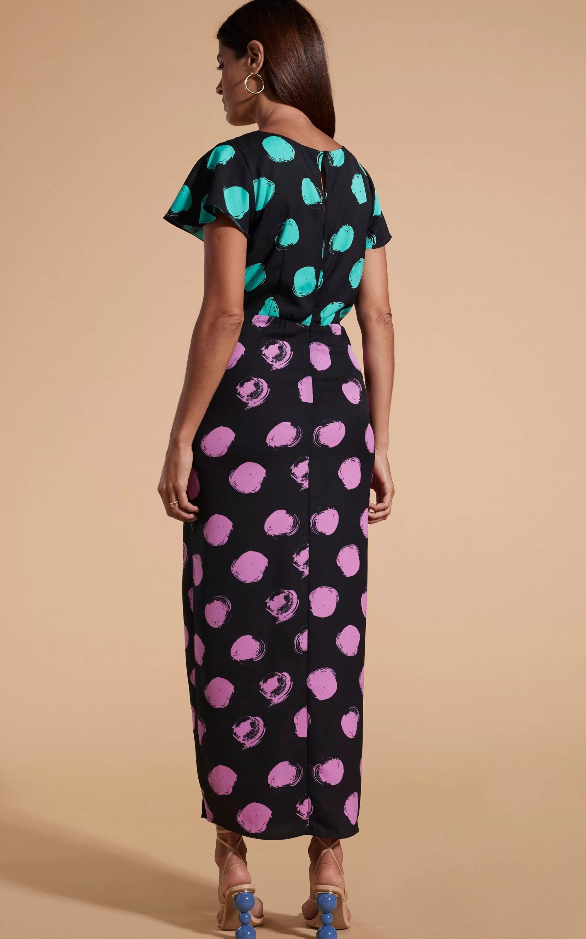Dresses>Dancing Leopard Lily Dress In Green On Black Dot & Pink On Black Dot