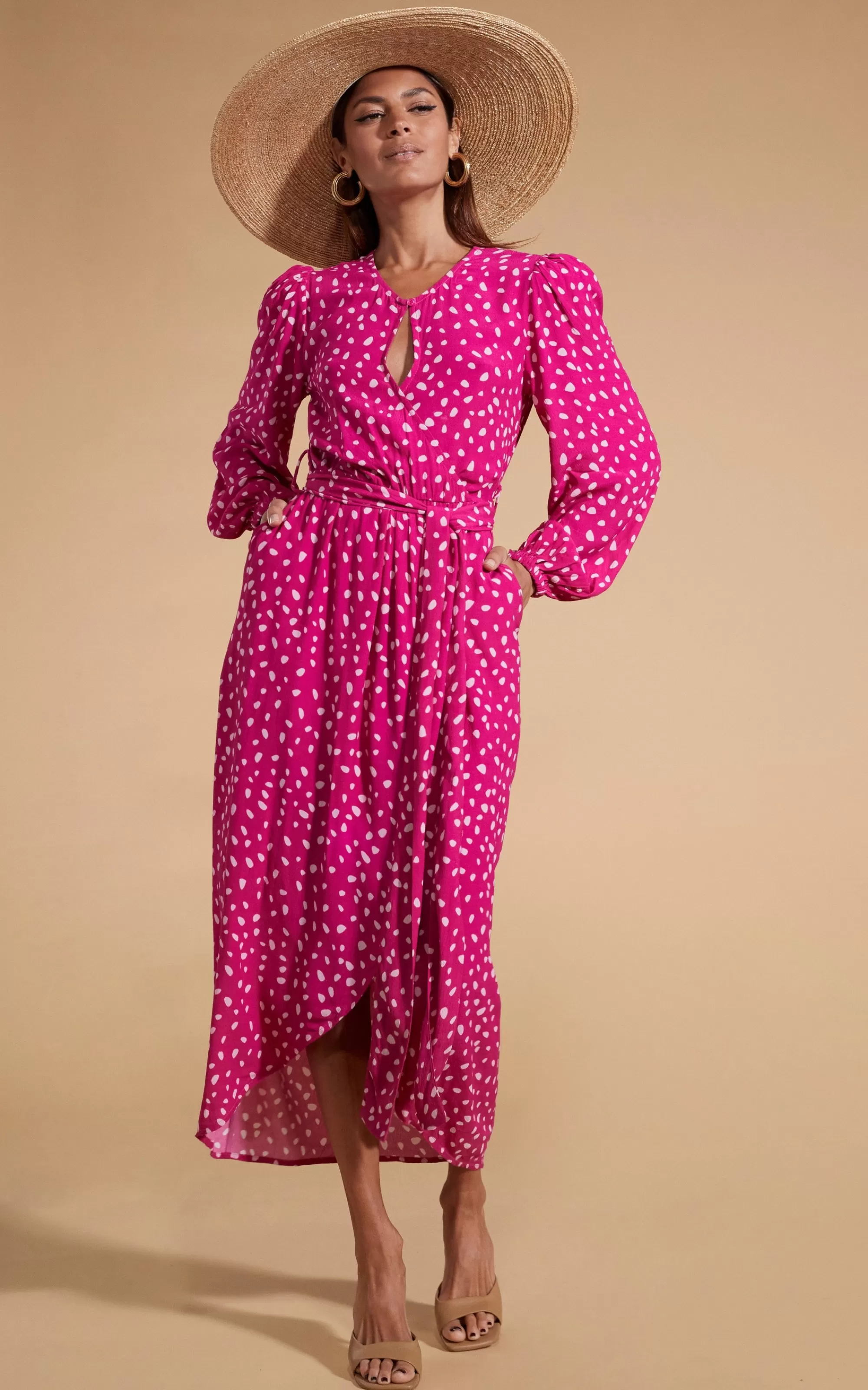 Dresses>Dancing Leopard Mabel Midaxi Mock Wrap Dress In Odd Dot Pink On Magenta