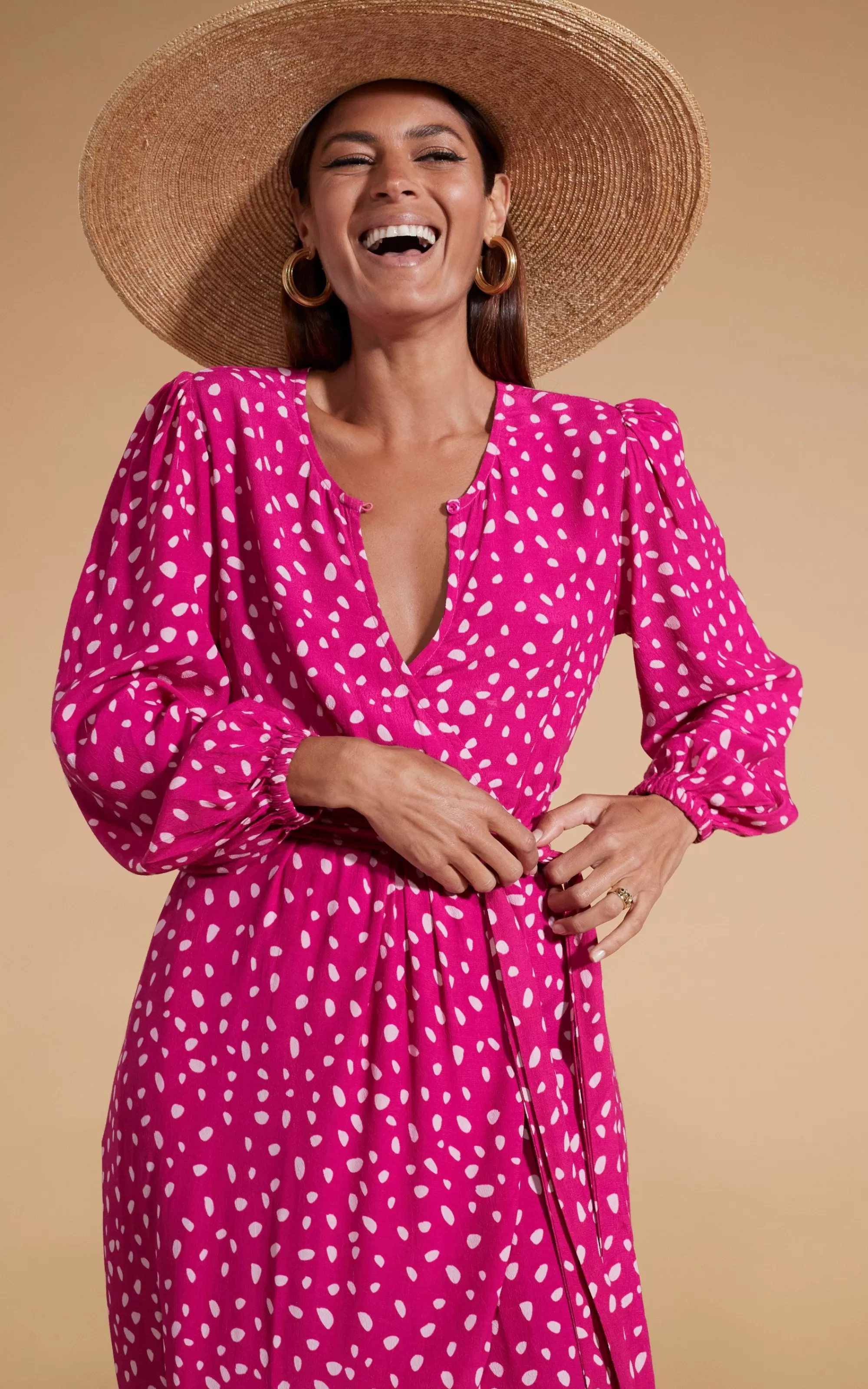 Dresses>Dancing Leopard Mabel Midaxi Mock Wrap Dress In Odd Dot Pink On Magenta