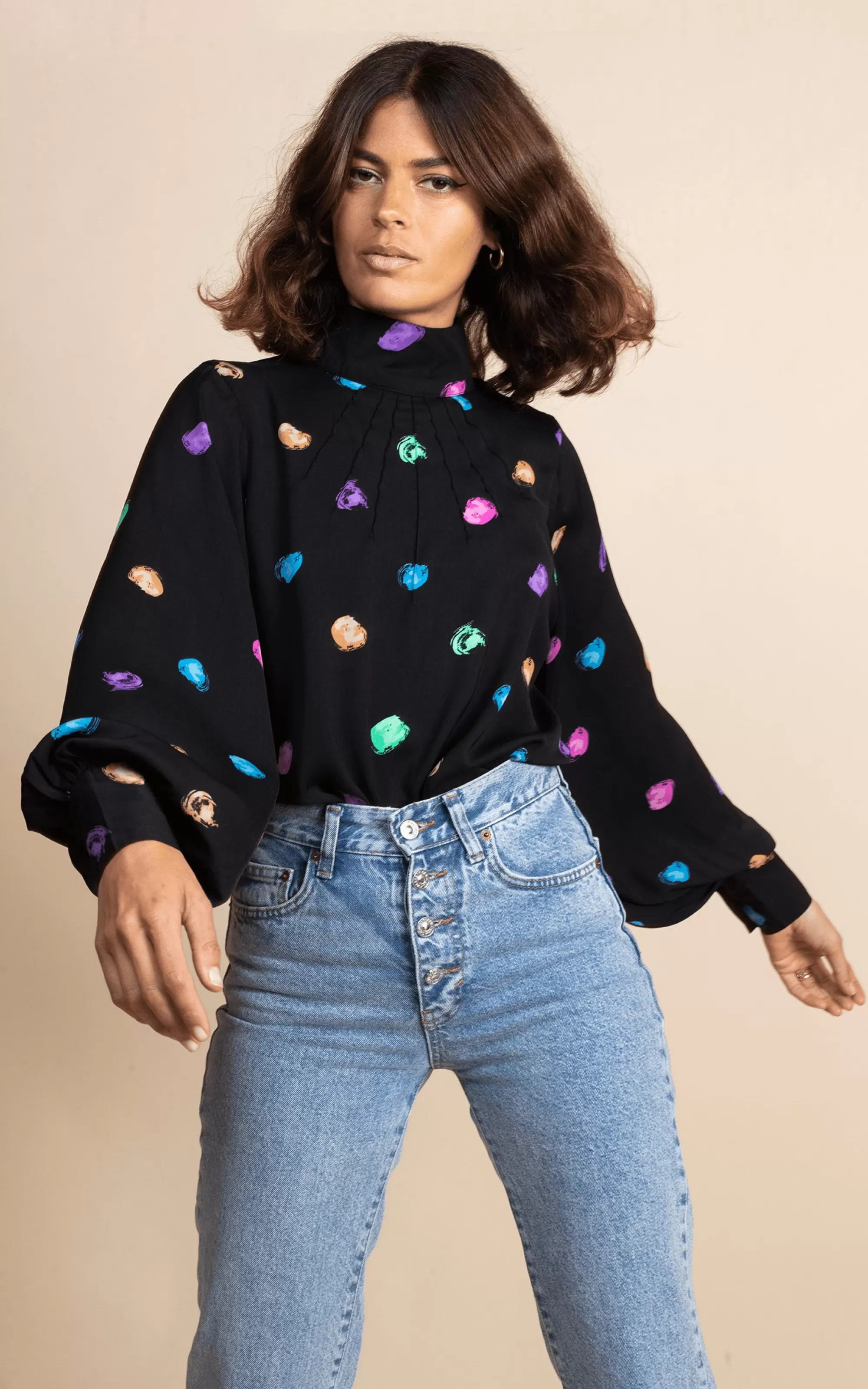 Tops>Dancing Leopard Margo Pintuck Blouse In Vintage Dots
