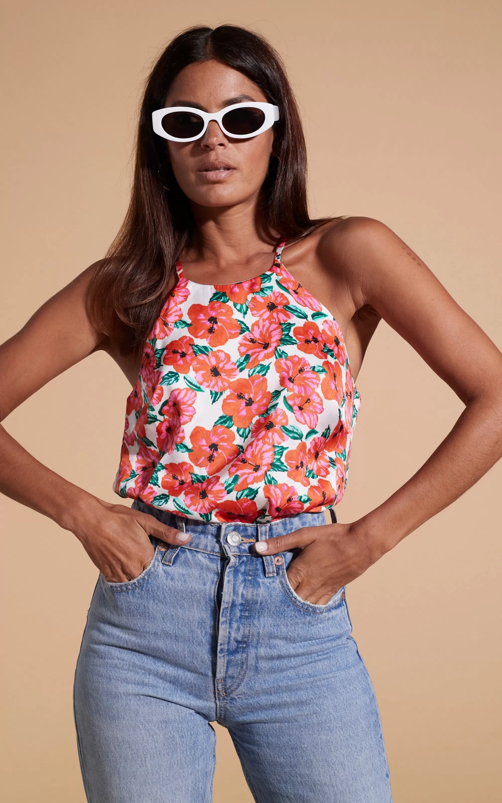 Tops>Dancing Leopard Nina Halter Cami Top In Hibiscus Red Orange On White