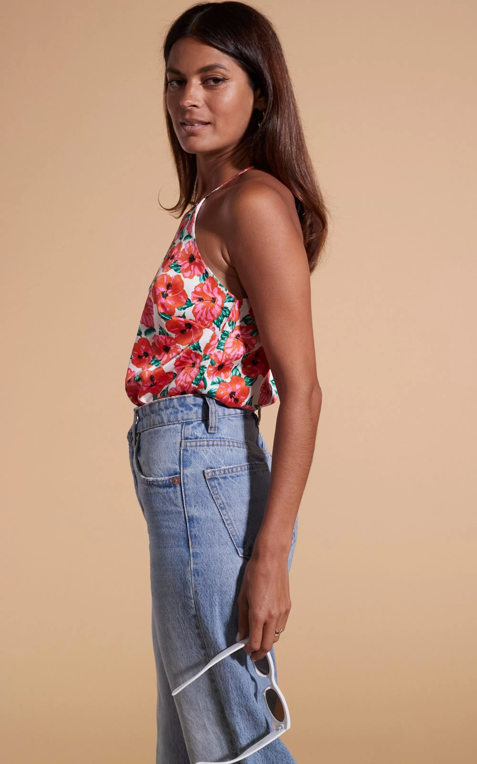 Tops>Dancing Leopard Nina Halter Cami Top In Hibiscus Red Orange On White