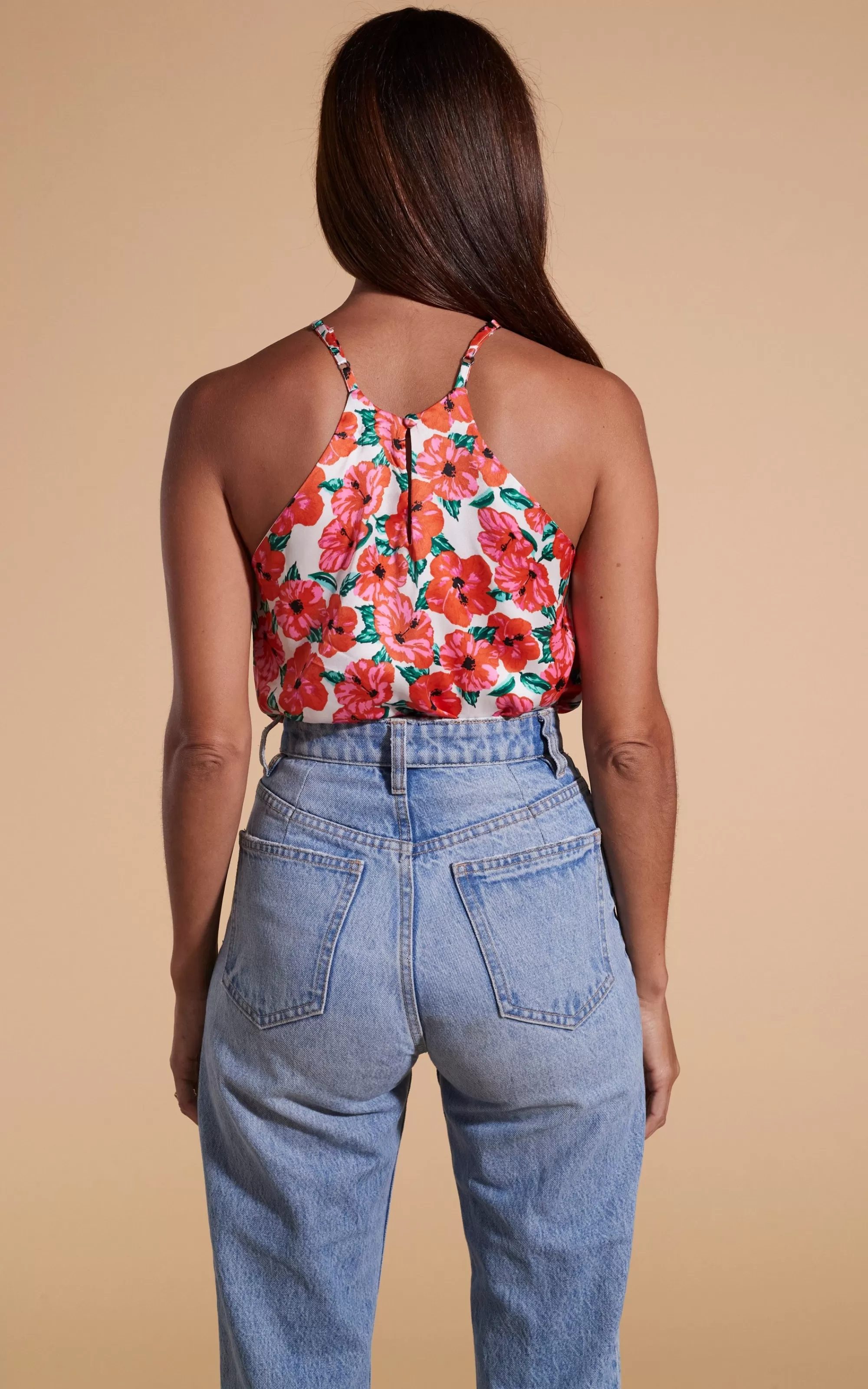 Tops>Dancing Leopard Nina Halter Cami Top In Hibiscus Red Orange On White