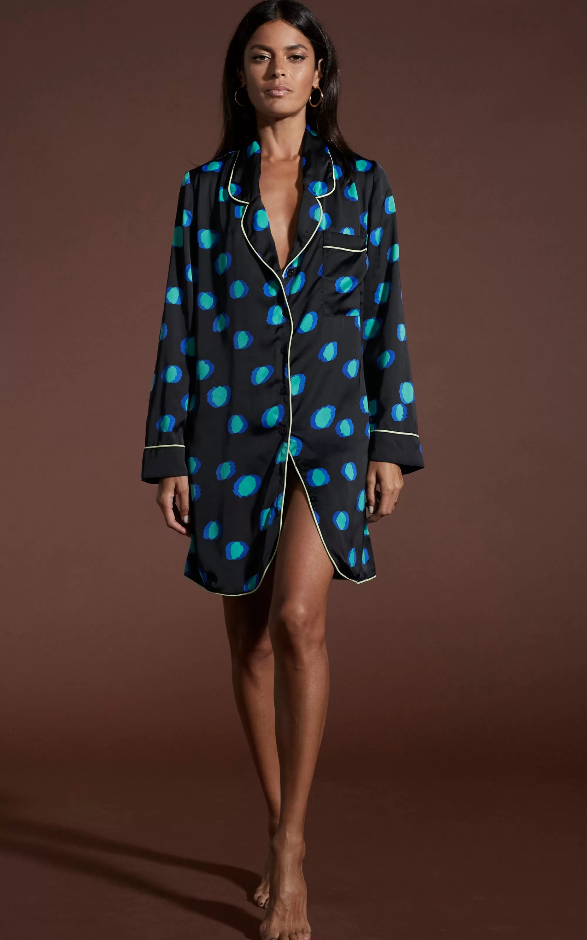 Pyjamas>Dancing Leopard Nyx Satin Nightshirt In Polka Dot Blue On Black