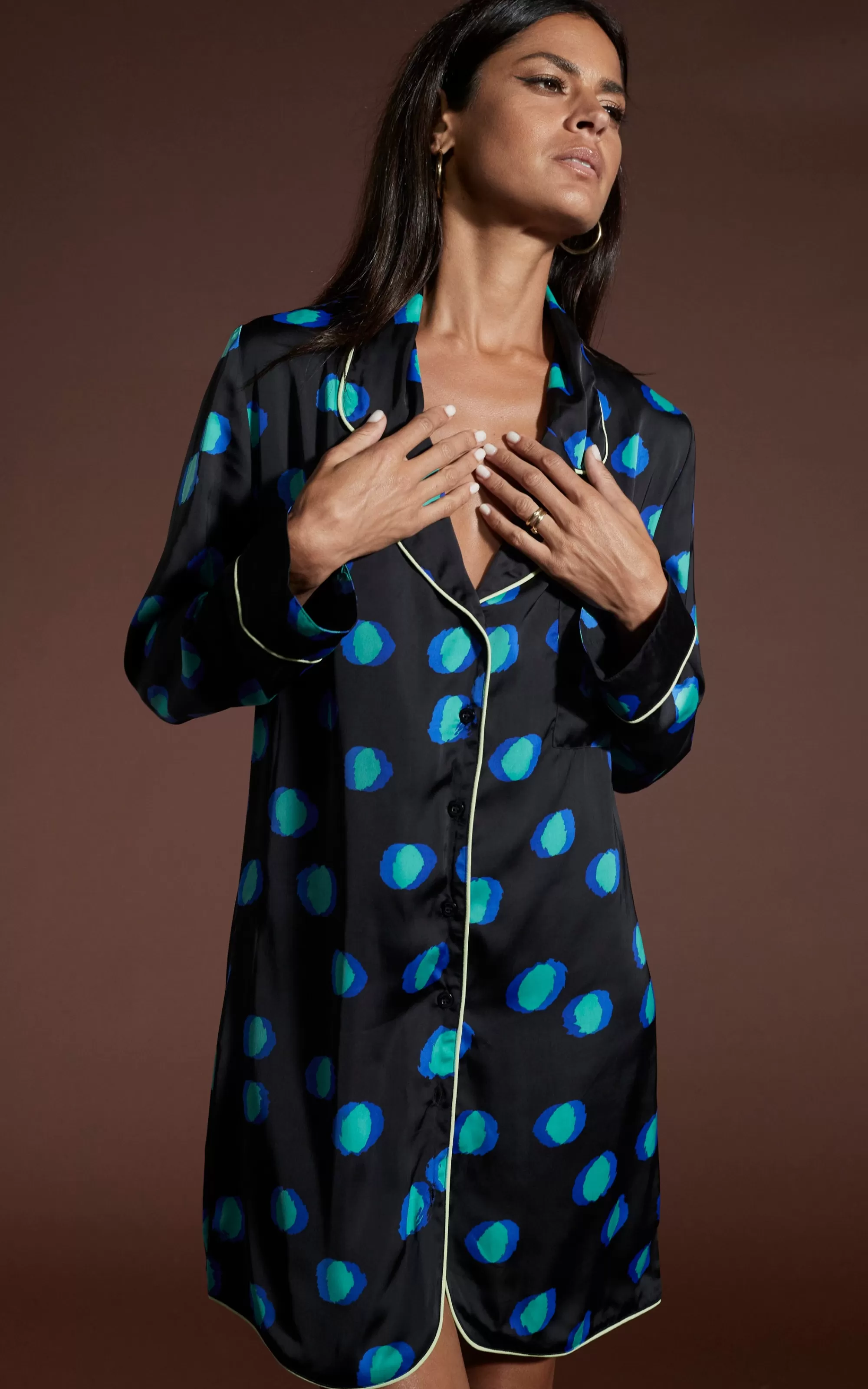 Pyjamas>Dancing Leopard Nyx Satin Nightshirt In Polka Dot Blue On Black