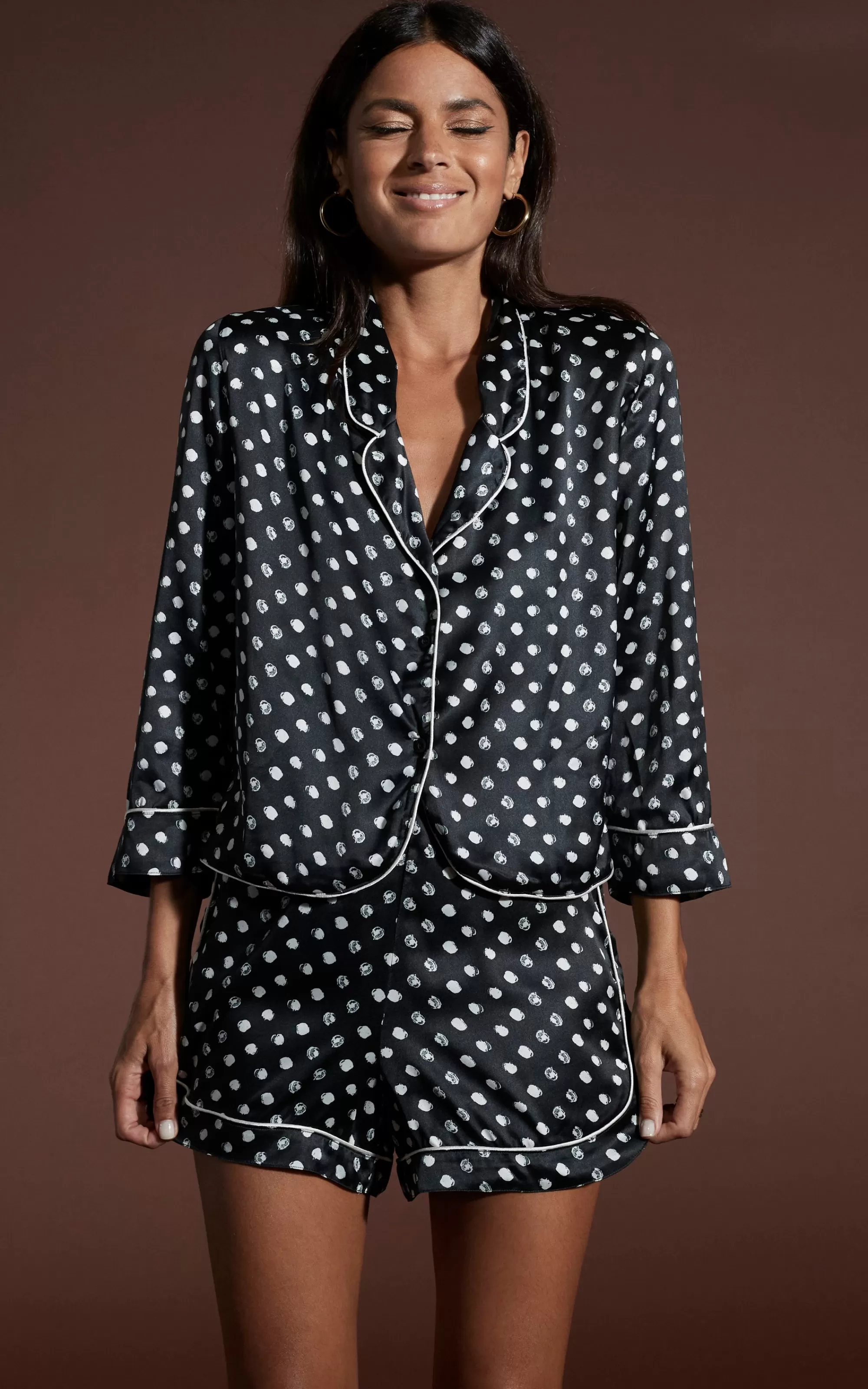 Pyjamas>Dancing Leopard Oona Shortie Pj Set In Black Polka Dot