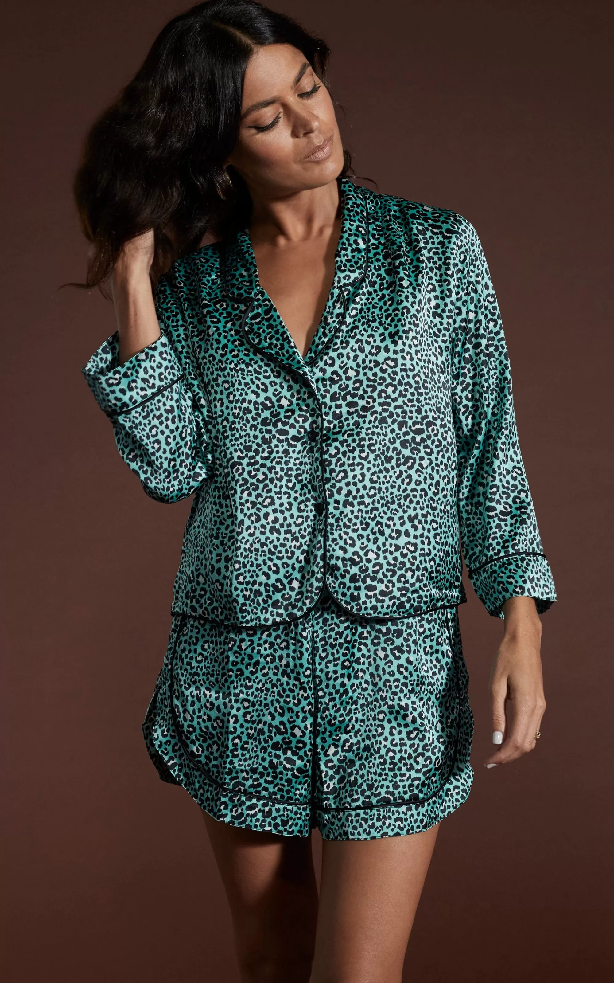 Pyjamas>Dancing Leopard Oona Shortie Pj Set In Mint Ditsy Leopard