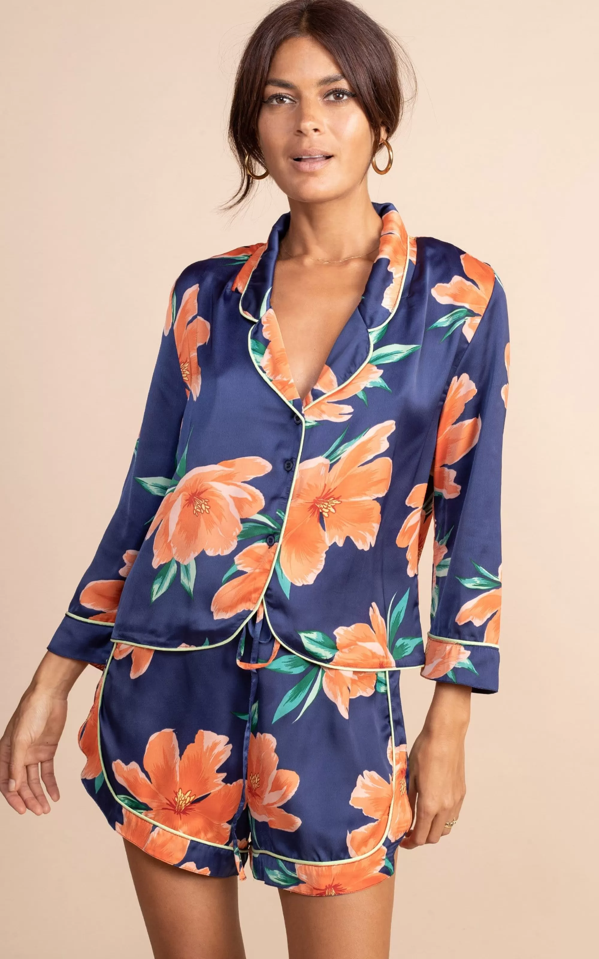 Pyjamas>Dancing Leopard Oona Shortie Pj Set In Orange On Navy Tulip