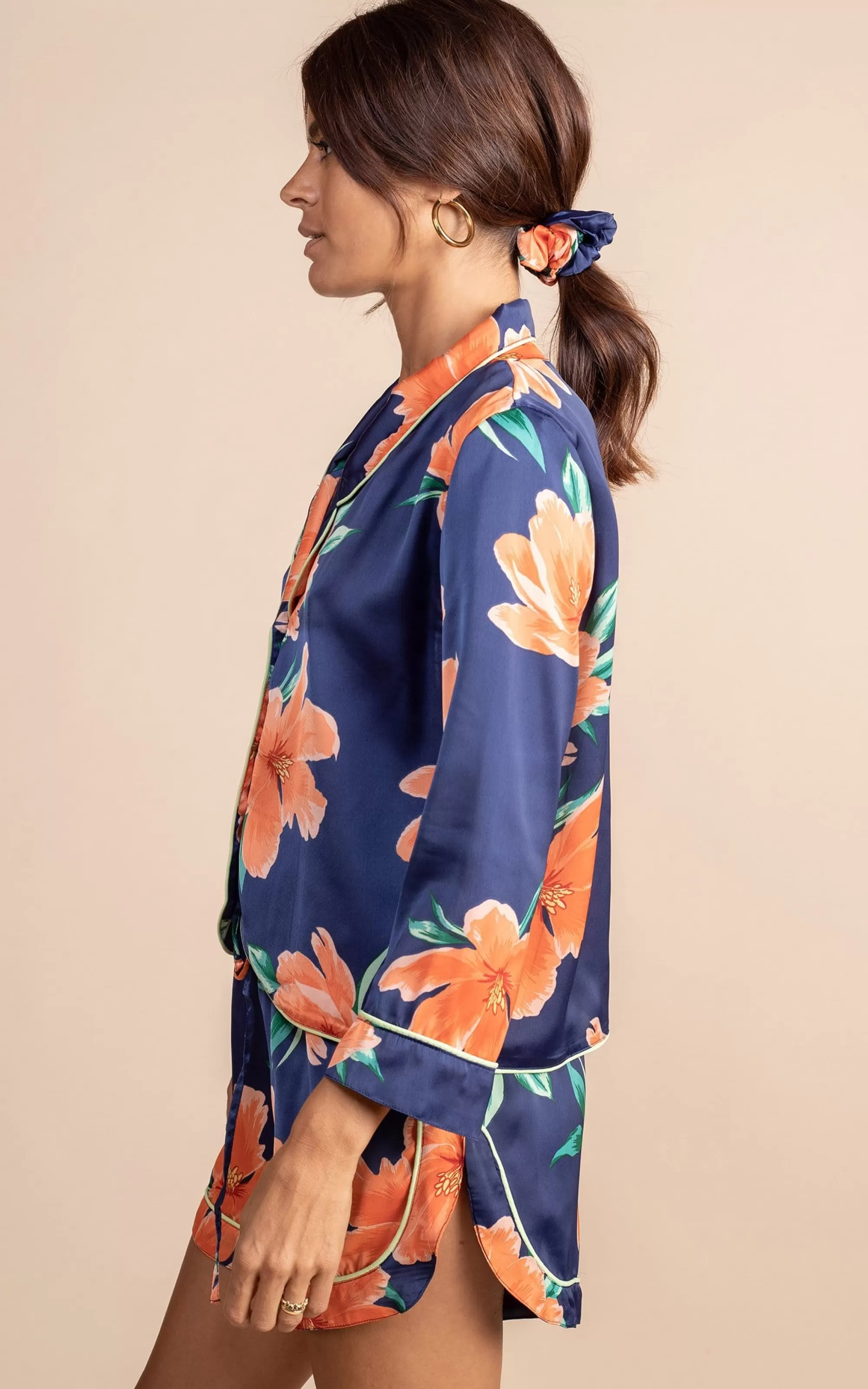 Pyjamas>Dancing Leopard Oona Shortie Pj Set In Orange On Navy Tulip