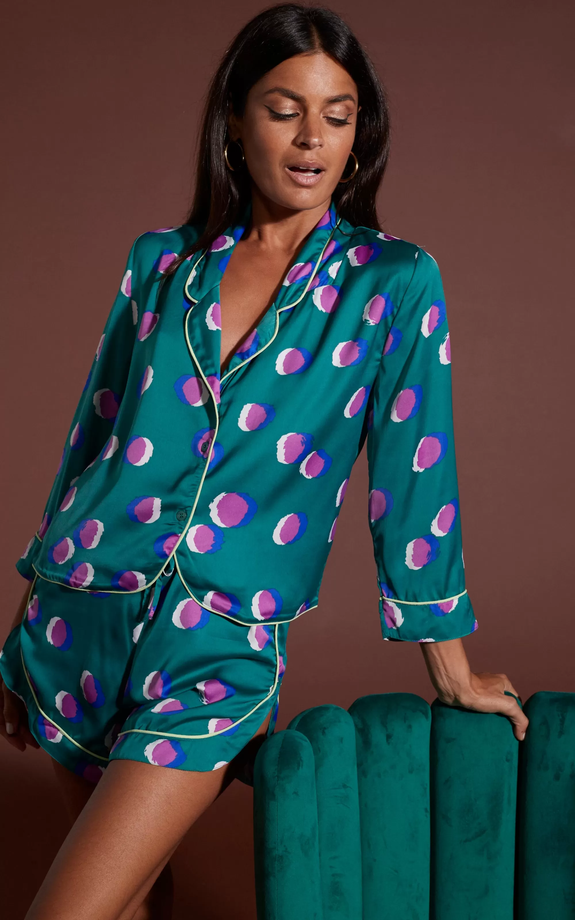 Pyjamas>Dancing Leopard Oona Shortie Pj Set In Polka Dot Purple On Green