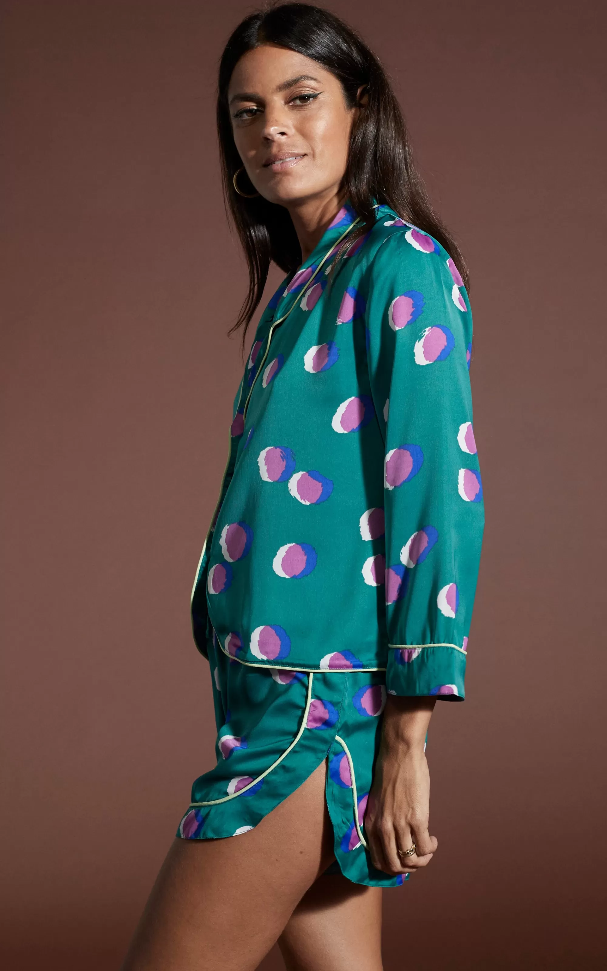 Pyjamas>Dancing Leopard Oona Shortie Pj Set In Polka Dot Purple On Green