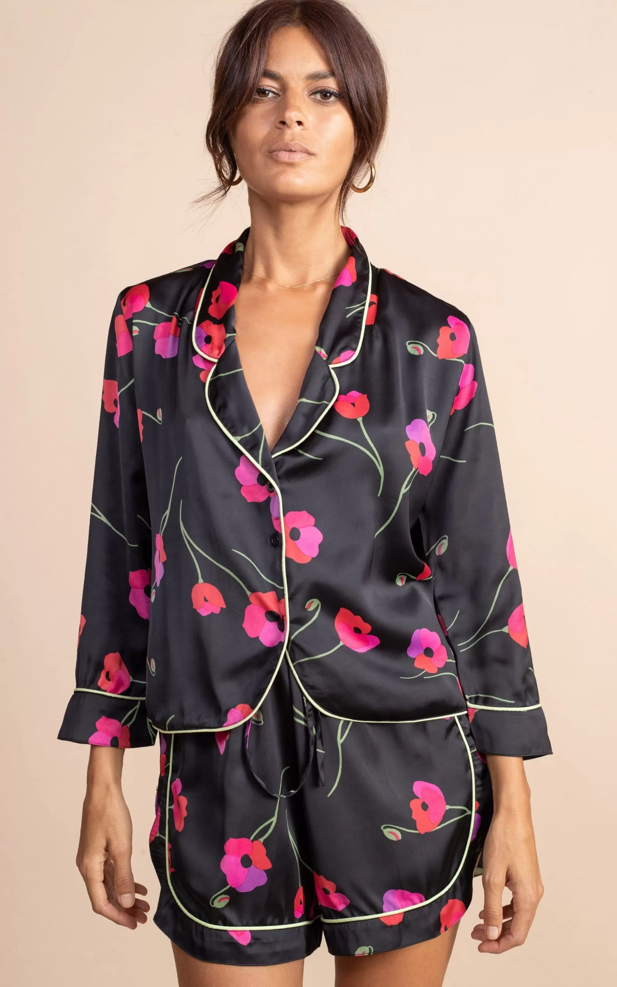 Pyjamas>Dancing Leopard Oona Shortie Pj Set In Poppies On Black