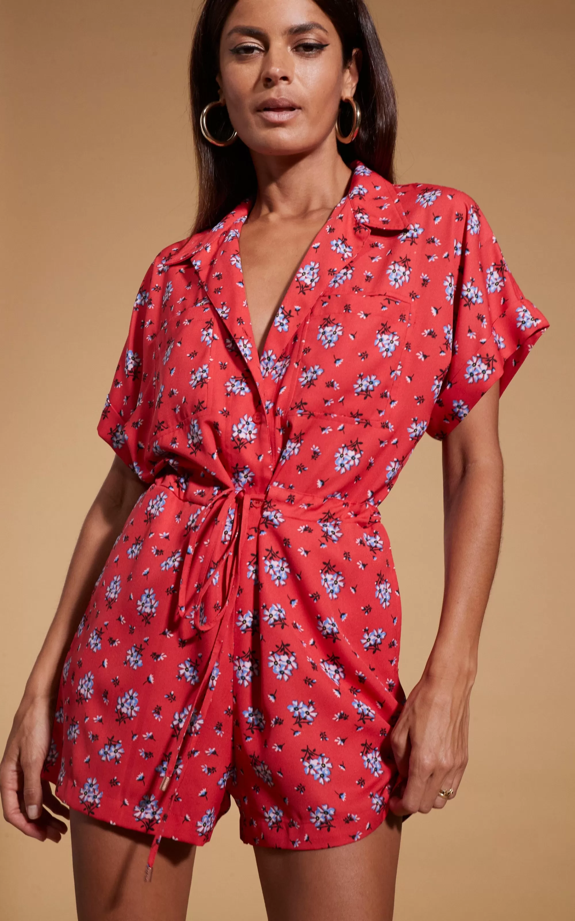 Playsuits>Dancing Leopard Rizzo Shirt Playsuit In Red Daisy