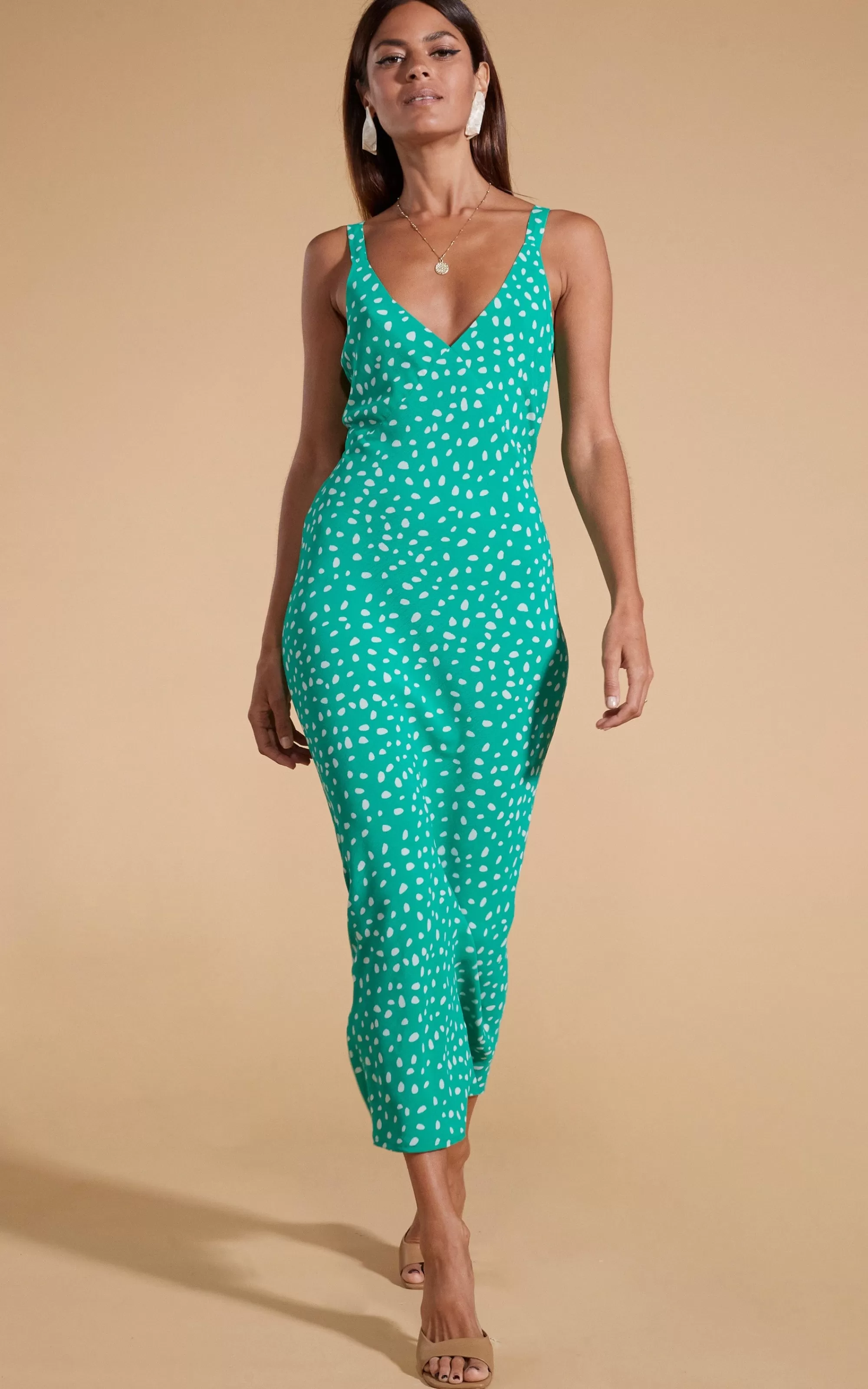 Dresses>Dancing Leopard Sabrina Midaxi Dress In Odd Dot White On Sea Green