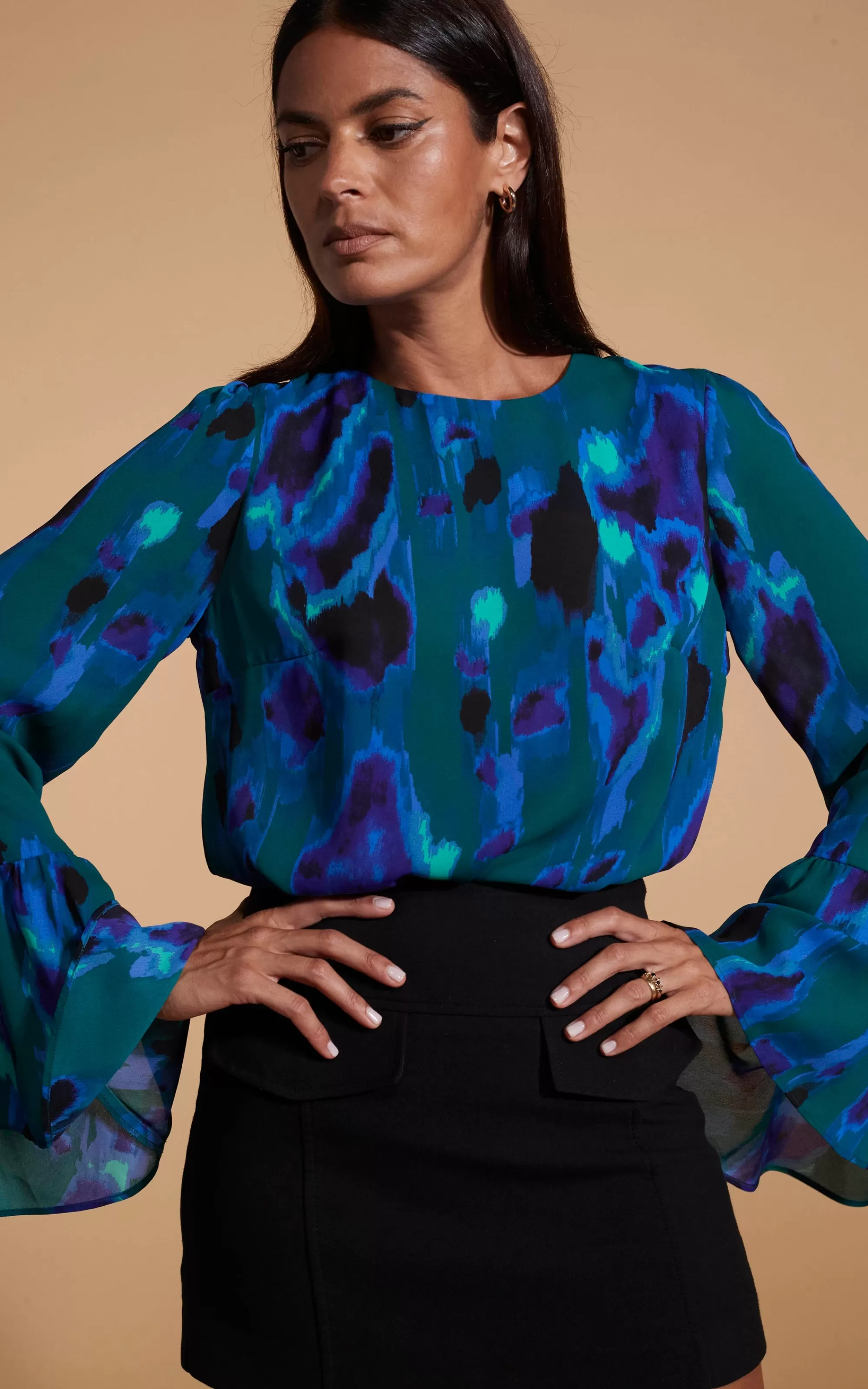 Tops>Dancing Leopard Suvi Flare Sleeve Top In Camo Abstract Blue On Green