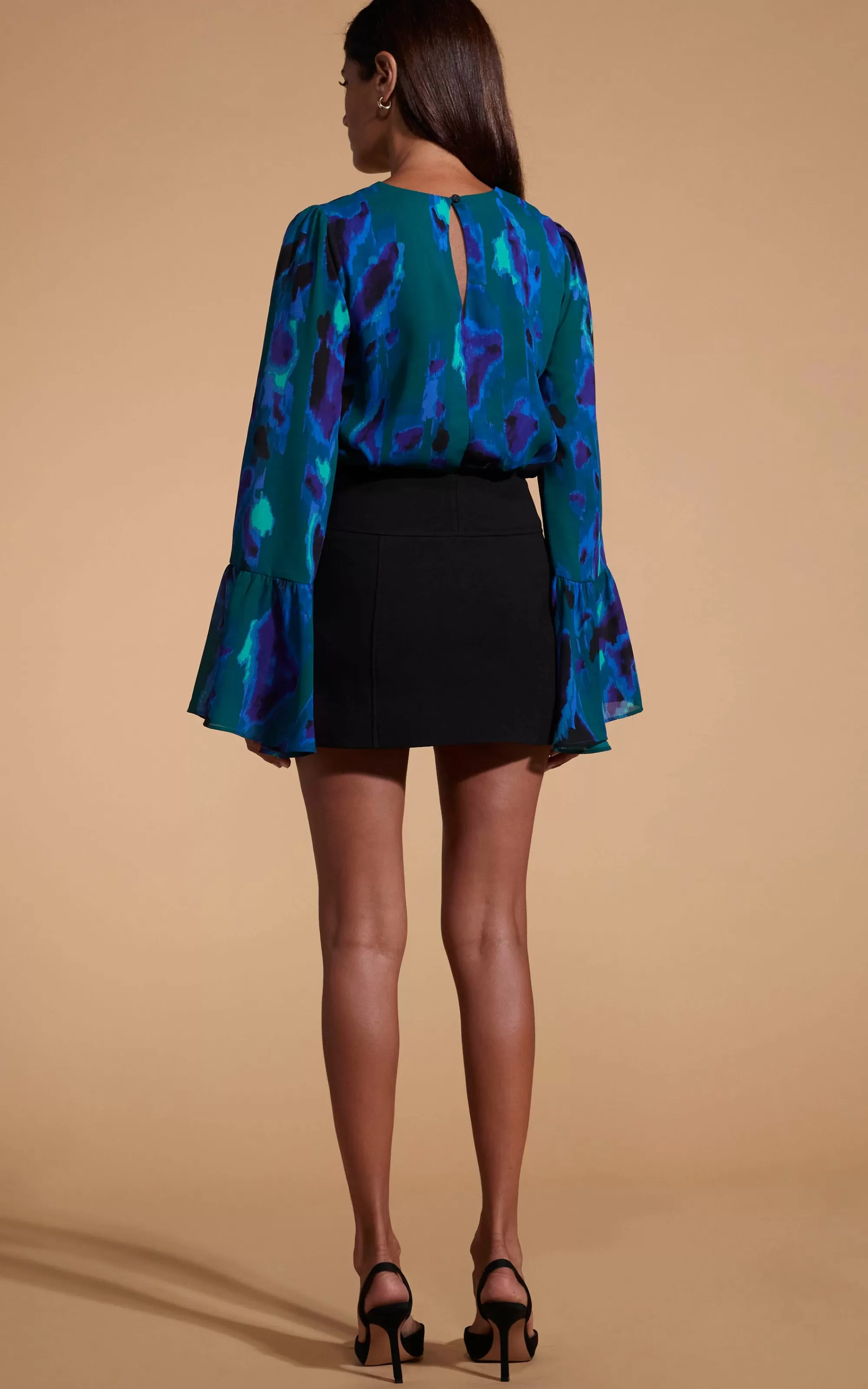 Tops>Dancing Leopard Suvi Flare Sleeve Top In Camo Abstract Blue On Green