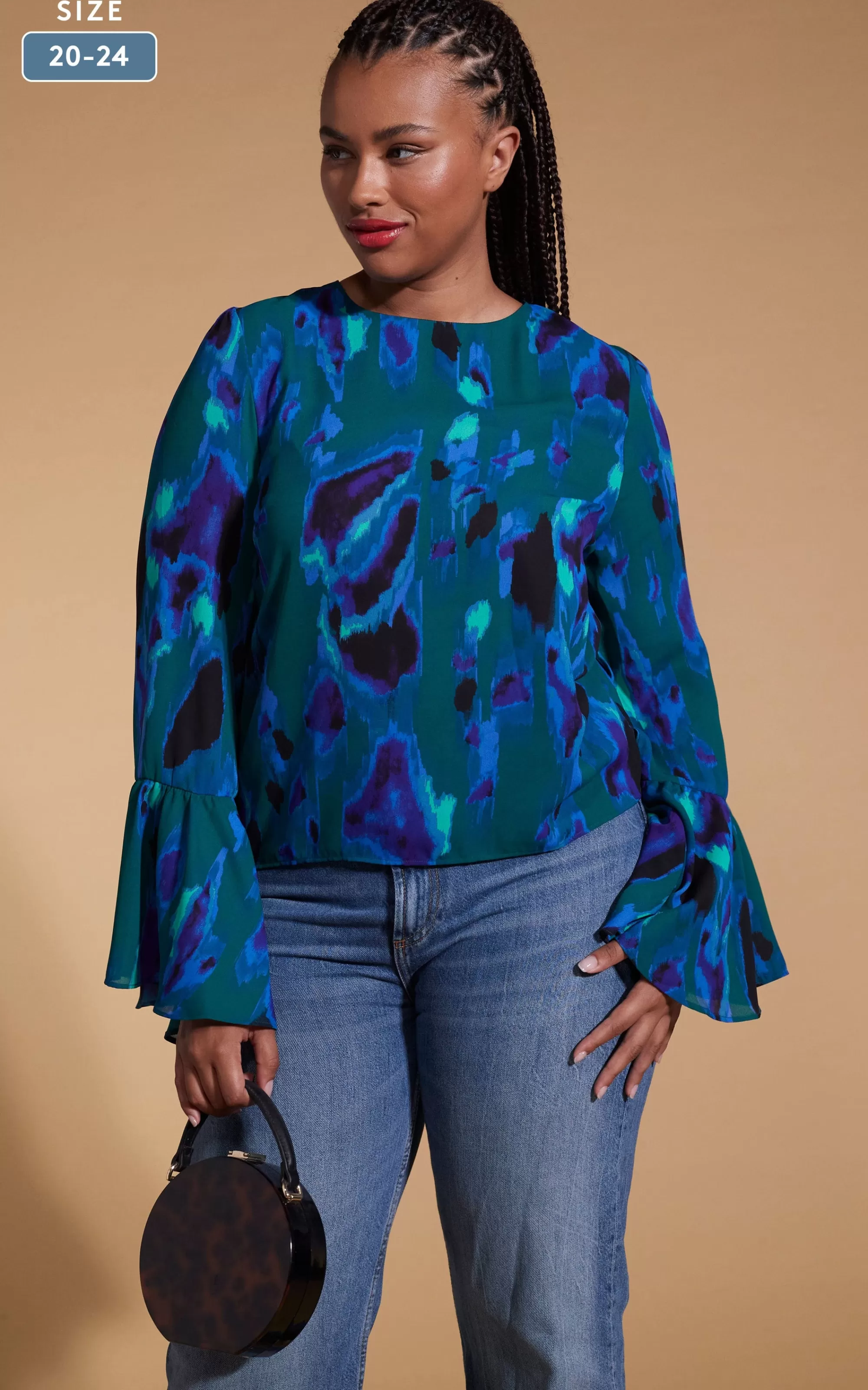 Tops>Dancing Leopard Suvi Flare Sleeve Top In Camo Abstract Blue On Green- Extended Sizing