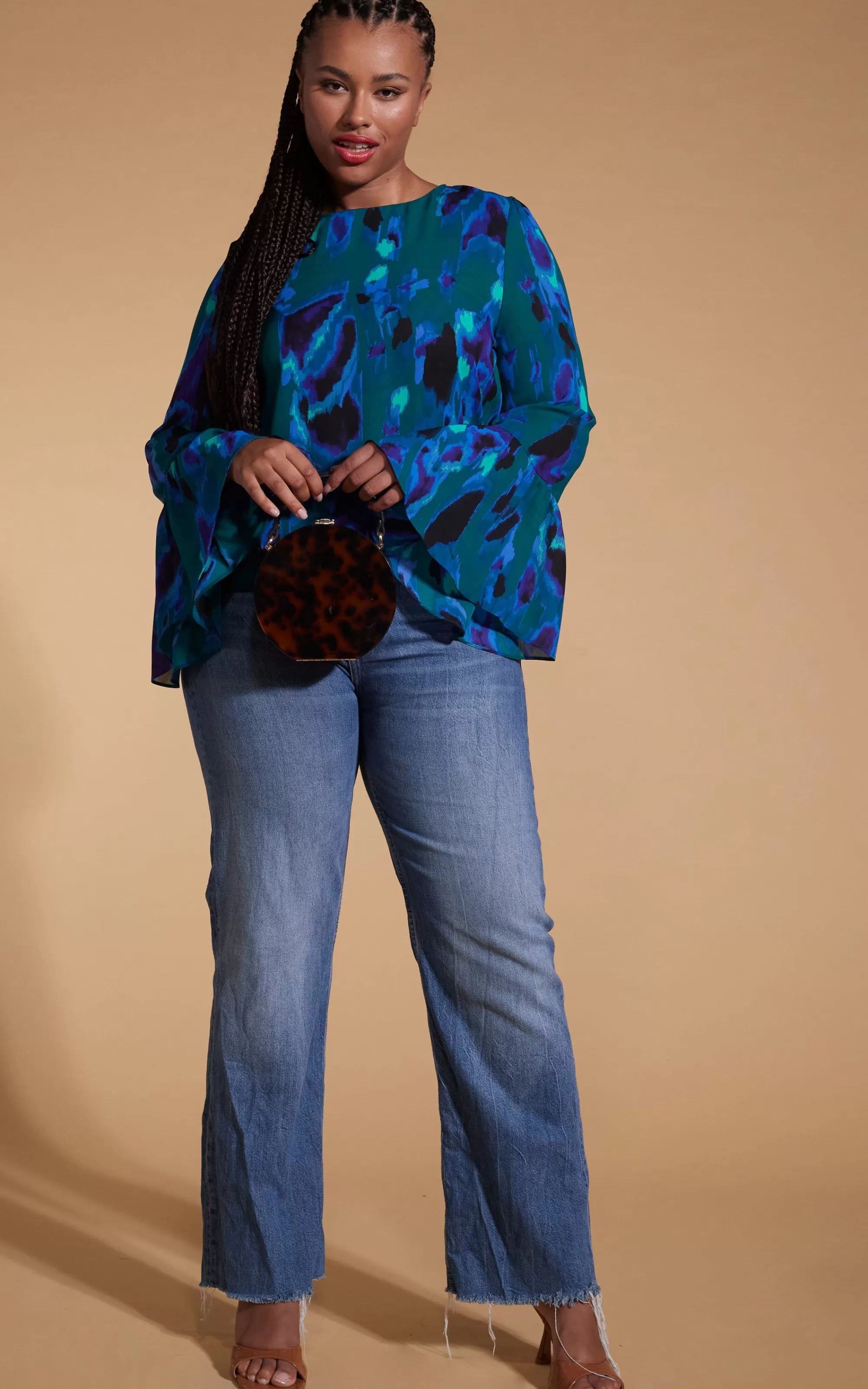 Tops>Dancing Leopard Suvi Flare Sleeve Top In Camo Abstract Blue On Green- Extended Sizing