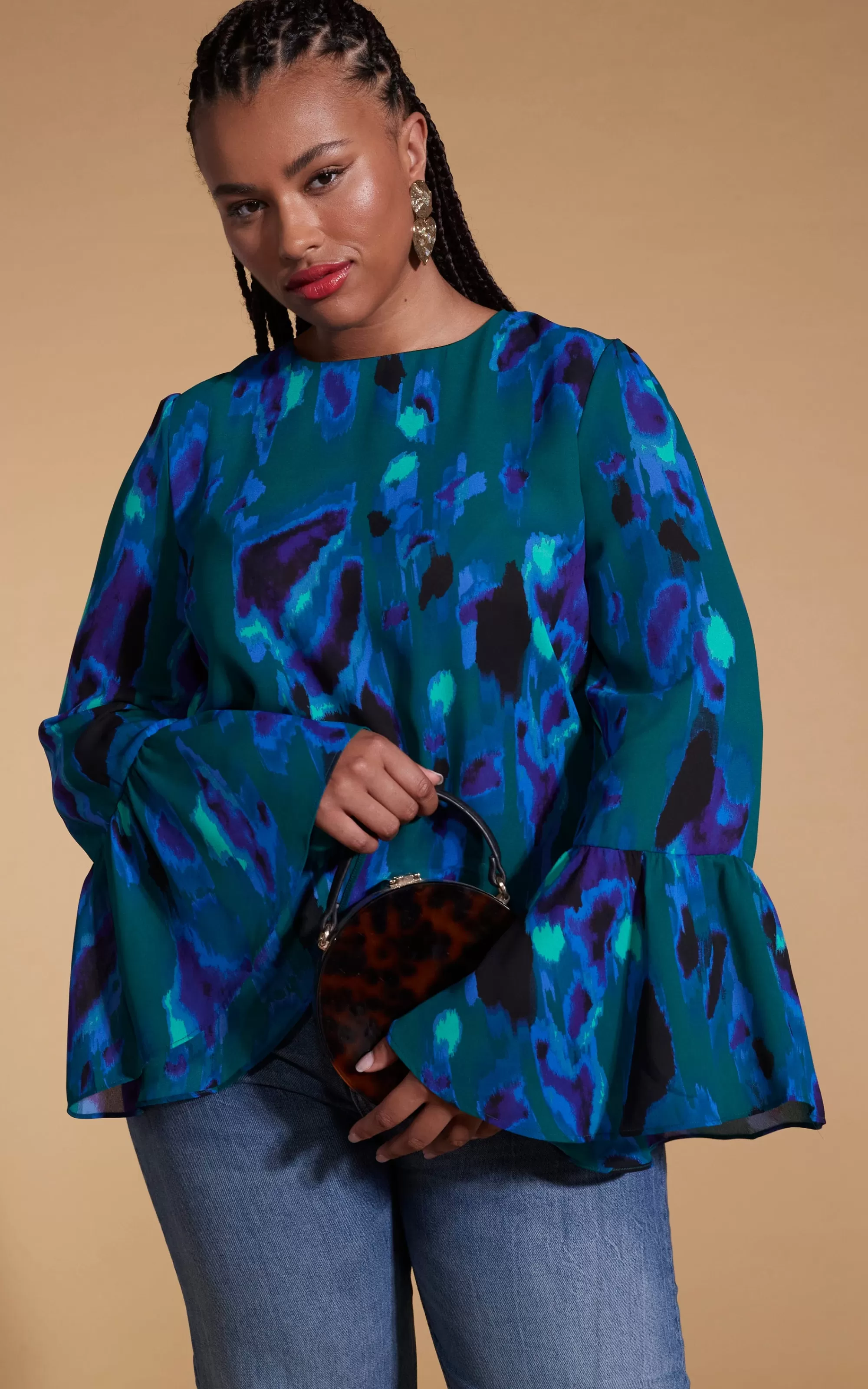 Tops>Dancing Leopard Suvi Flare Sleeve Top In Camo Abstract Blue On Green- Extended Sizing