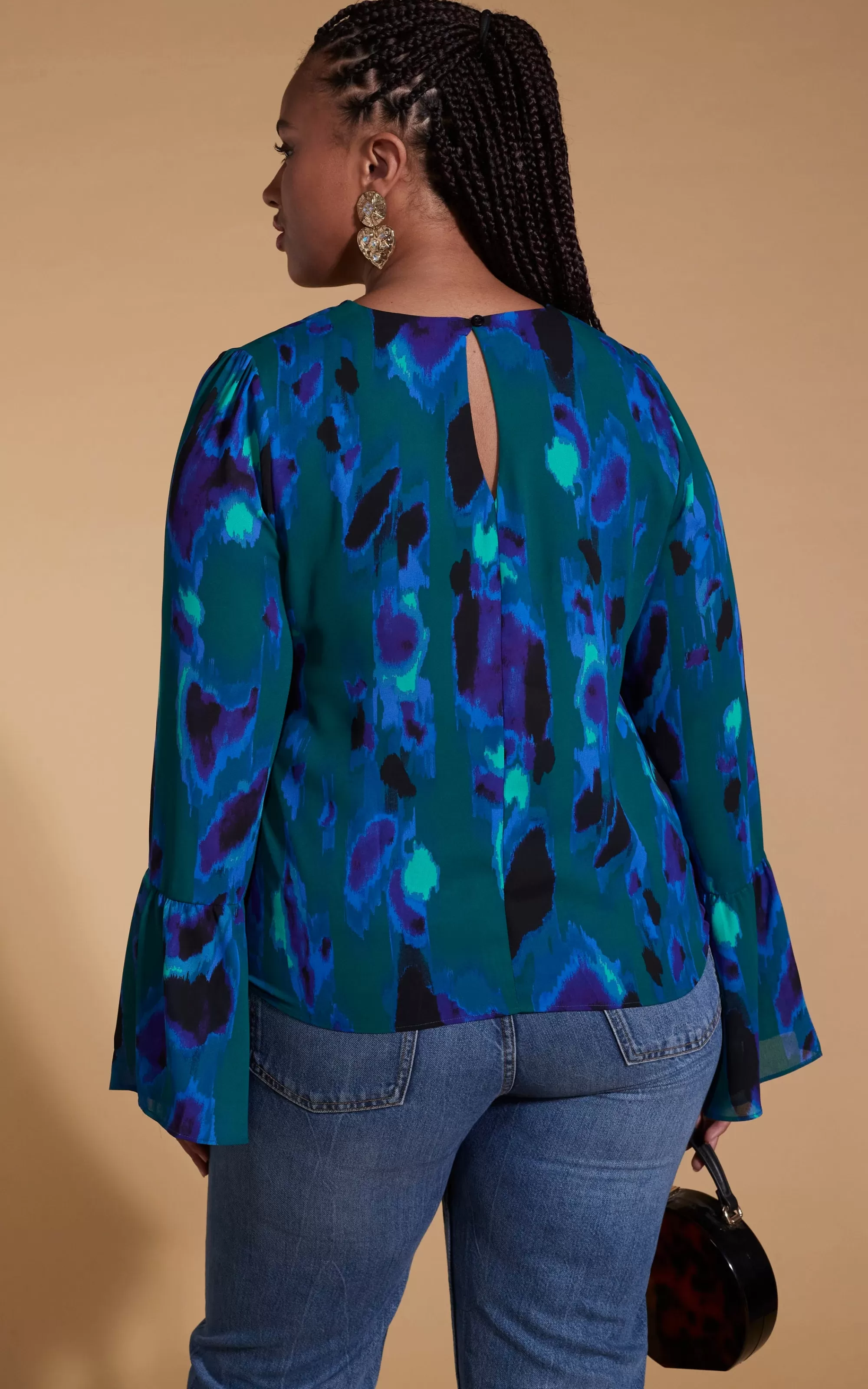 Tops>Dancing Leopard Suvi Flare Sleeve Top In Camo Abstract Blue On Green- Extended Sizing