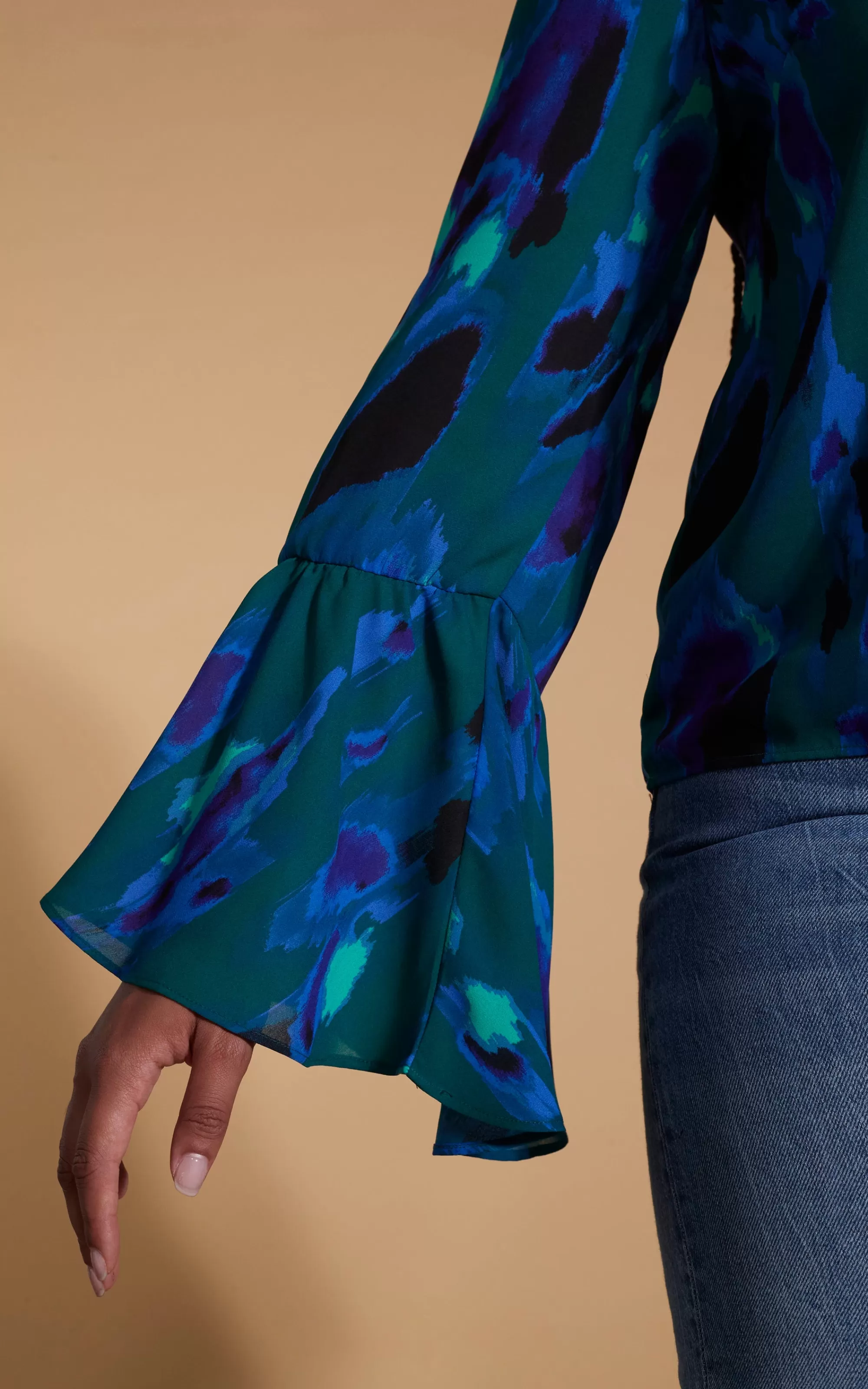 Tops>Dancing Leopard Suvi Flare Sleeve Top In Camo Abstract Blue On Green- Extended Sizing